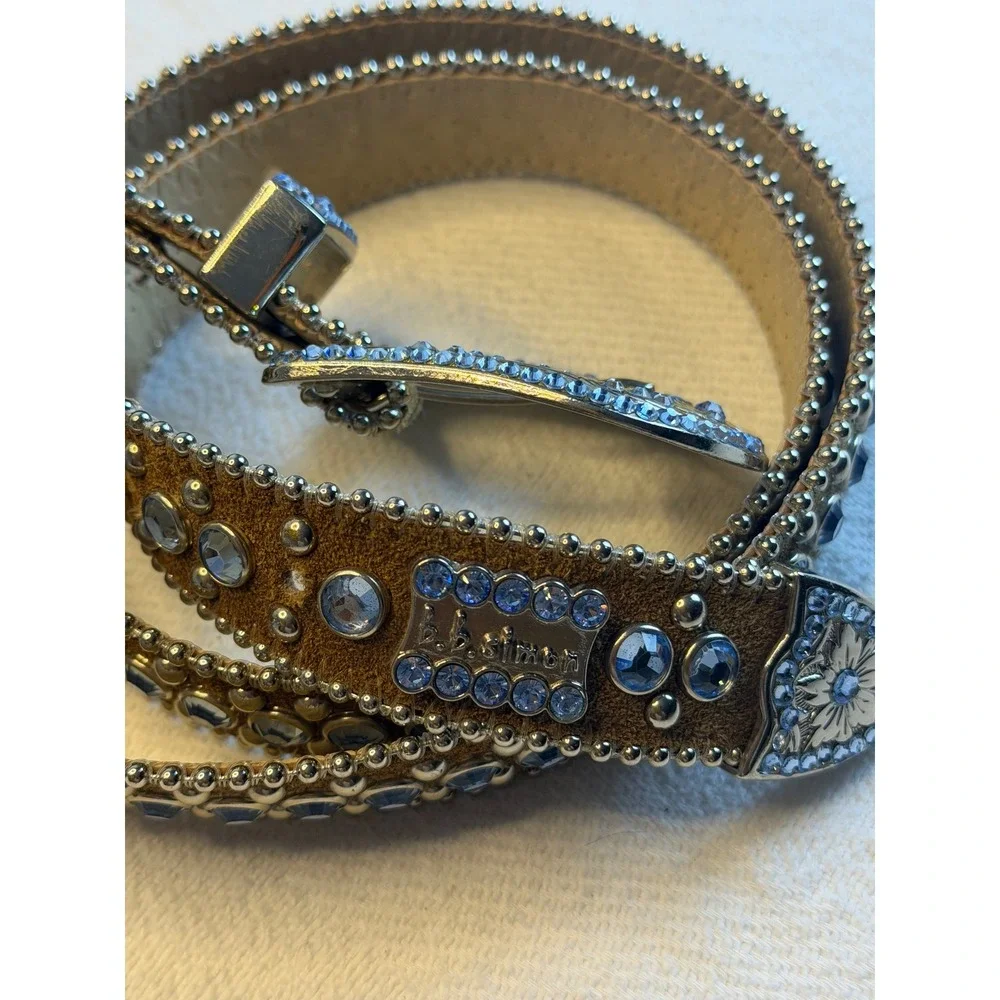BB Simon Brown Suede Crystal Studded Western Belt Silver Buckle XXL‎ 1689 188